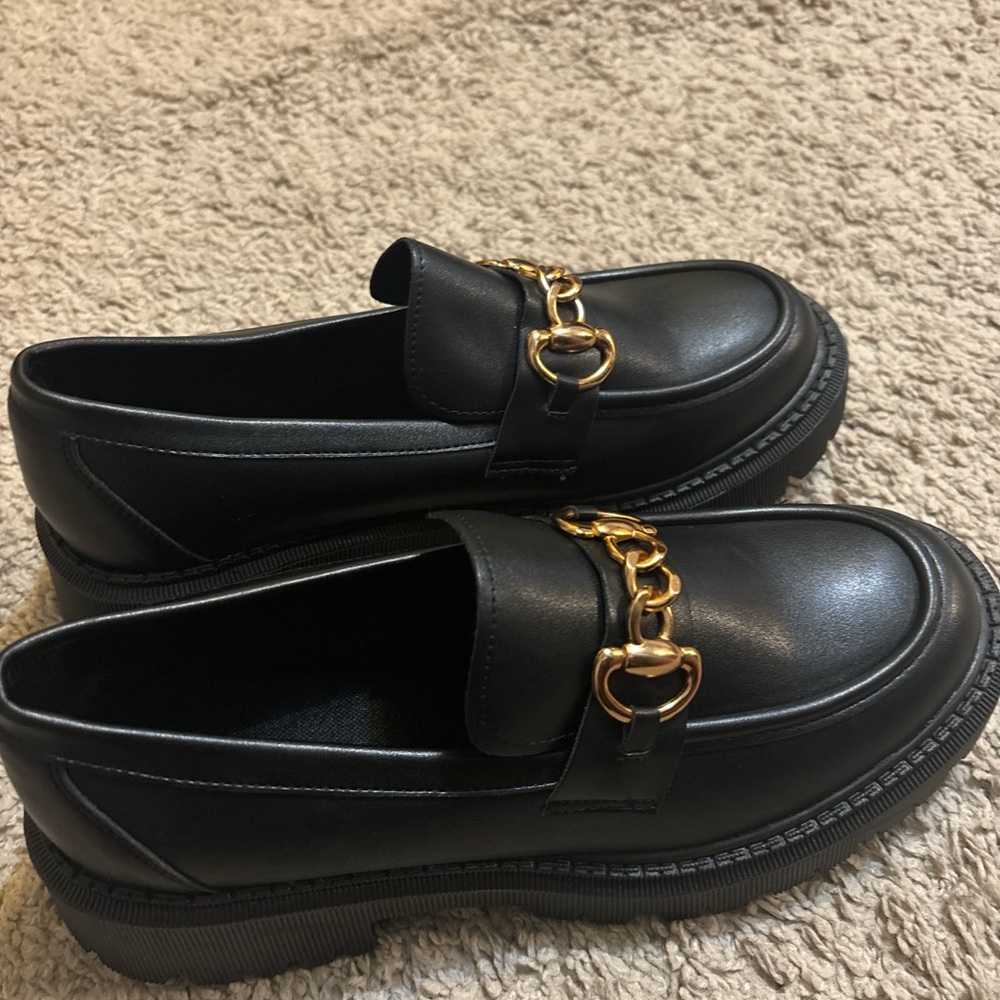 Black Loafers with Gold Chain Detail